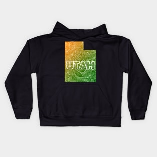 Colorful mandala art map of Utah with text in green and orange Kids Hoodie